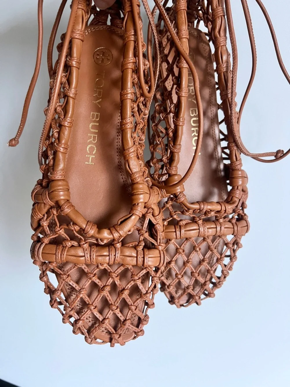 Tory Burch Helena Woven Leather Mesh Lace up Ballet Flats in Ambra Tan Size 7 M
